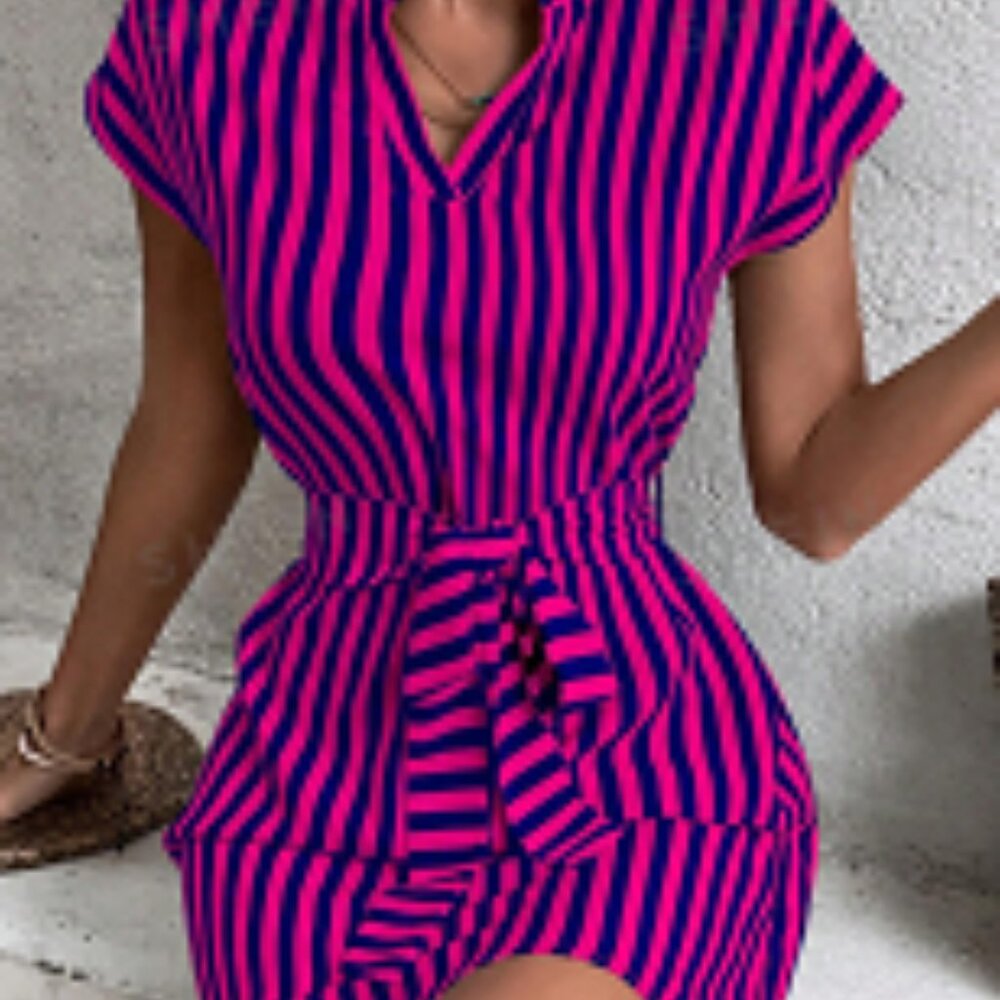Clasi Striped Print Notched Neckline Batwing Sleeve Belted Dress